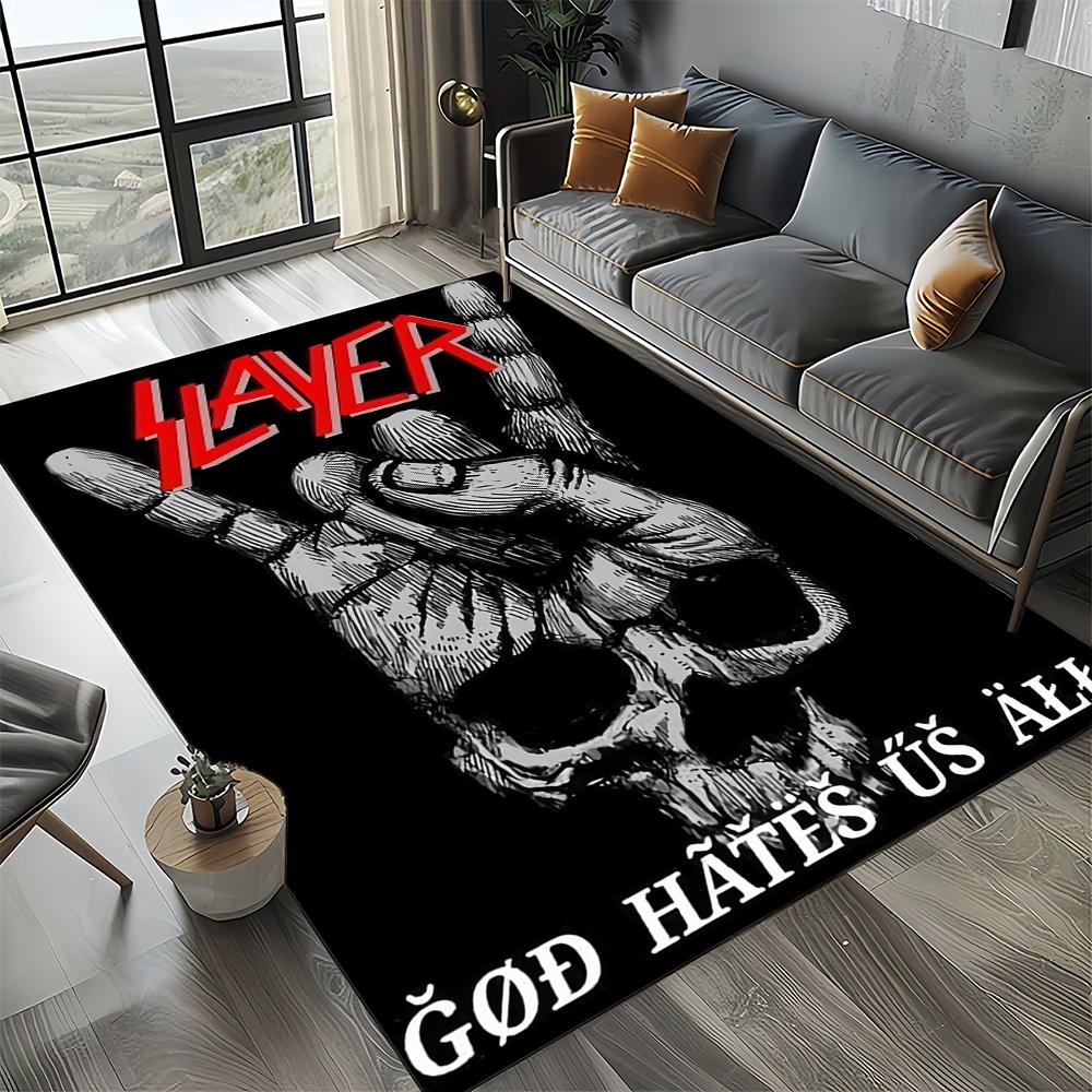 Tapete de Chão 3D Retro Band Slayer Heavy Metal Rock Sinal para Sala de Estar Quarto Casa Decoração de Sofá, Tapete Antiderrapante para Brincar de Criança