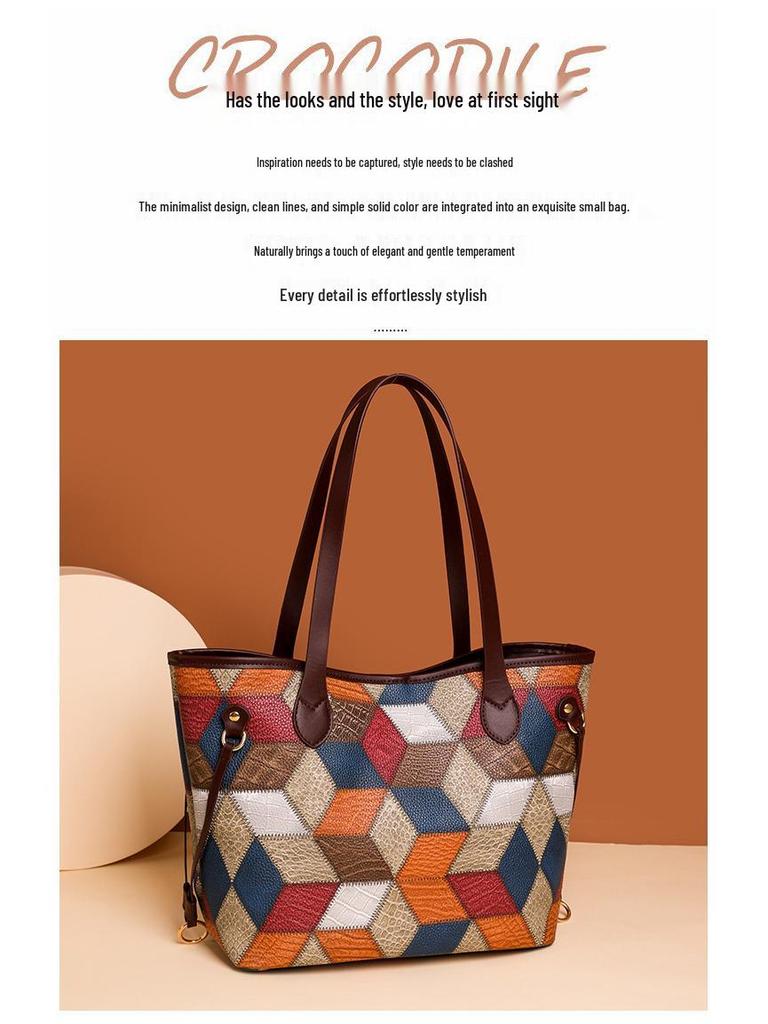 Cross-Border Patchwork Color-Block Tote: Large Capacity 3D Handbag for Moms