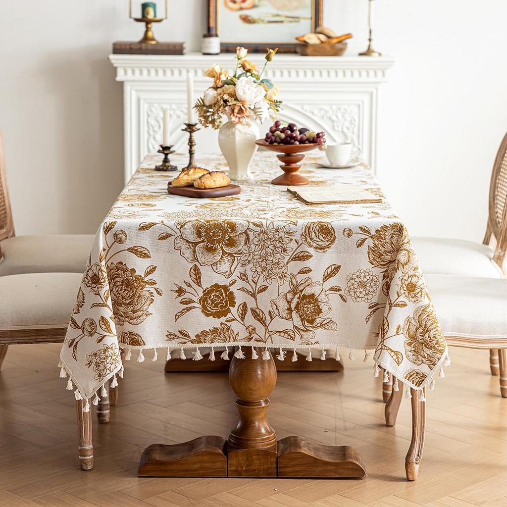 Retro Black Floral Tassel Tablecloth – Rectangular, American French Pastoral Style Coffee Table Cover.