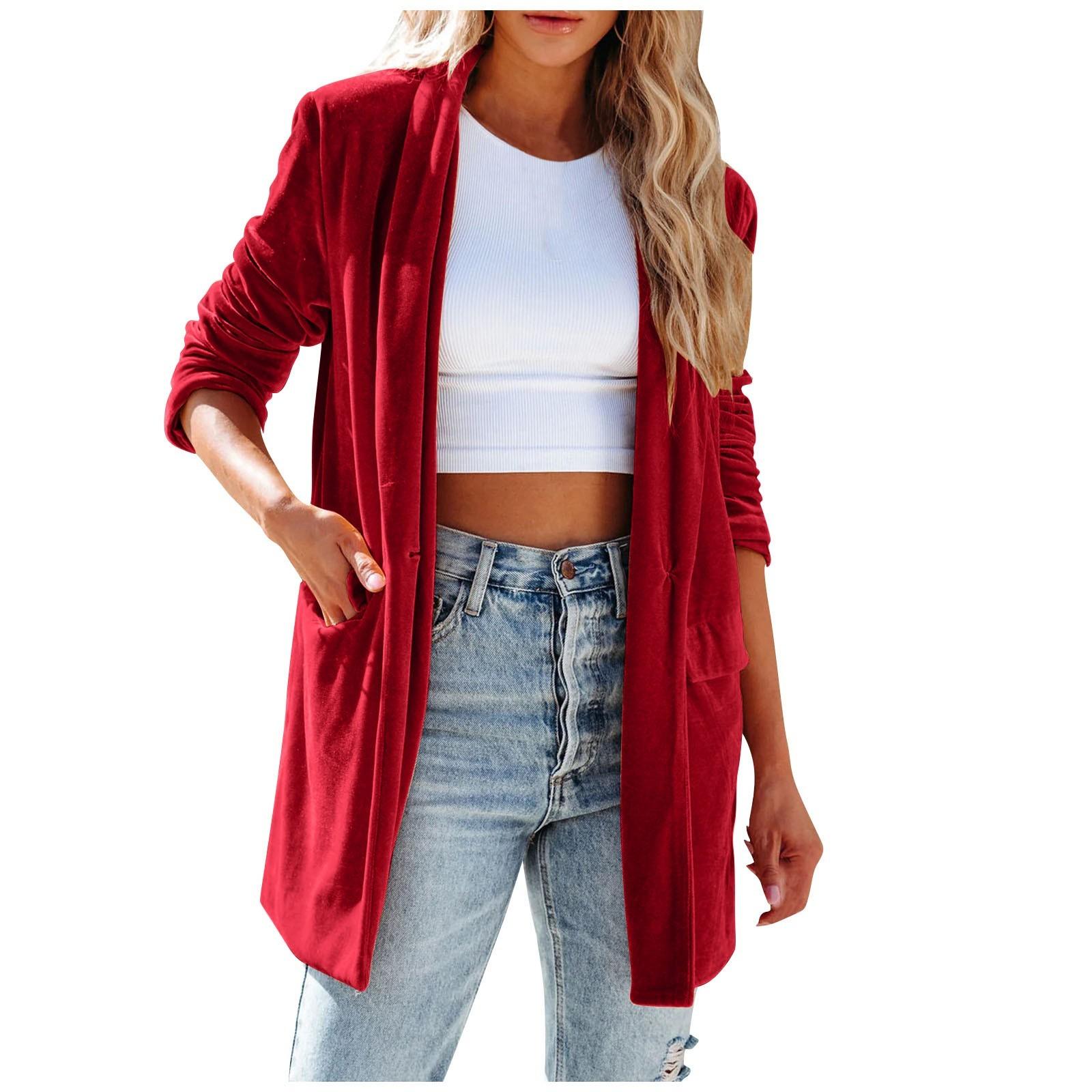 

Женский однотонный пиджак с длинным рукавом из бархата, костюм с открытым передом, пальто-кардиган с карманами, верхняя одежда XL винный