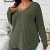 Otoño e Invierno Color Sólido Tallas Grandes Mujer Top Cuello en V Manga Larga Pit Sanding Camiseta Suelta Jersey