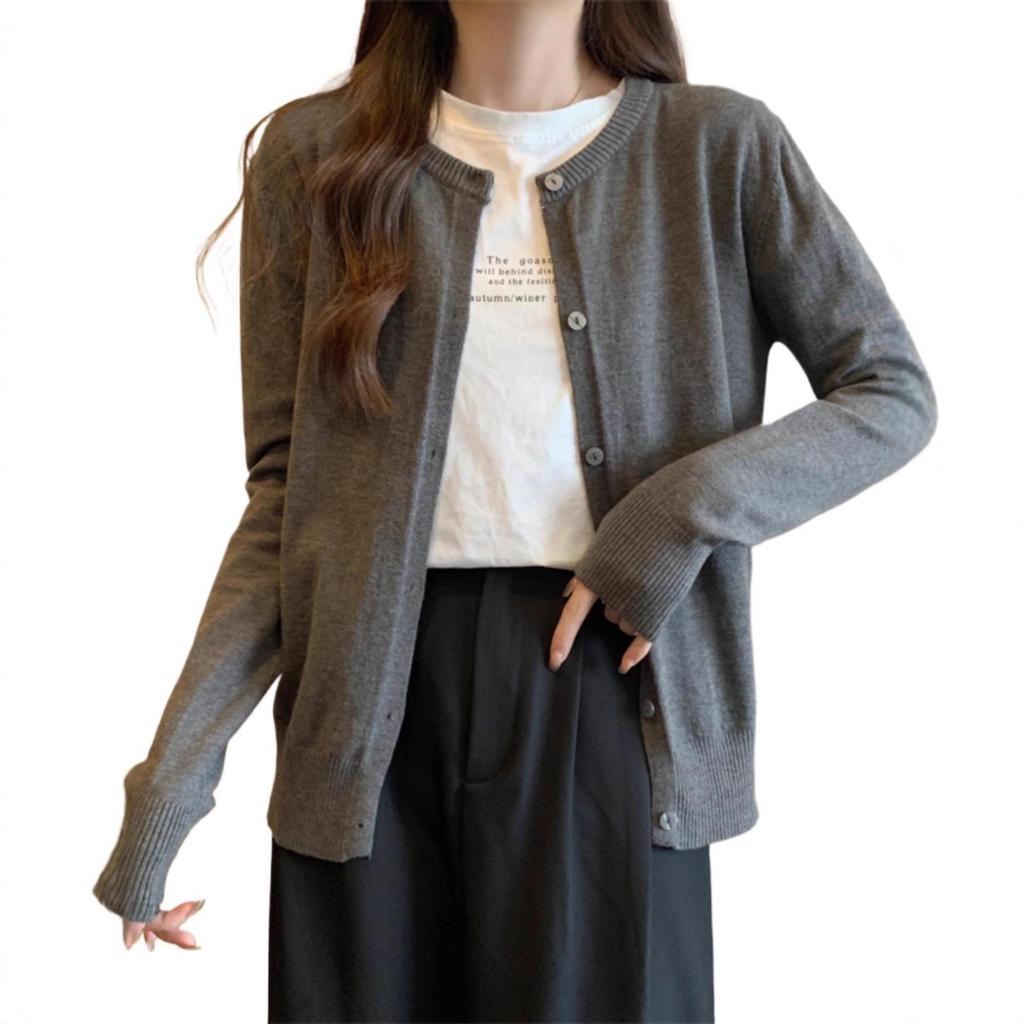 Women's Plus Size Gray Knit Cardigan Coat - Korean Style Versatile Shawl for Spring