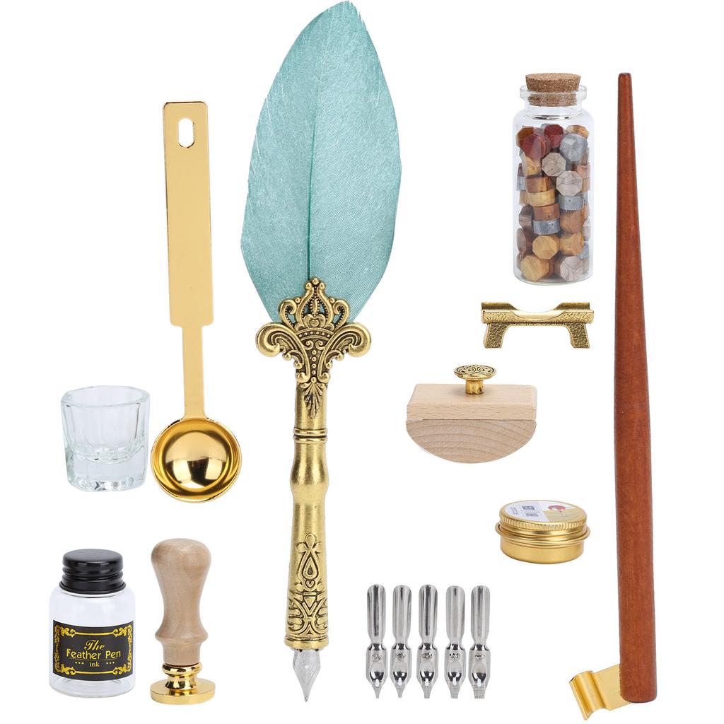 Feather Pen Wax Set Quill Dip Writing Ink Stamp Kit Vintage Student Stationery Gift BoxSP225043 Pearl Green Black