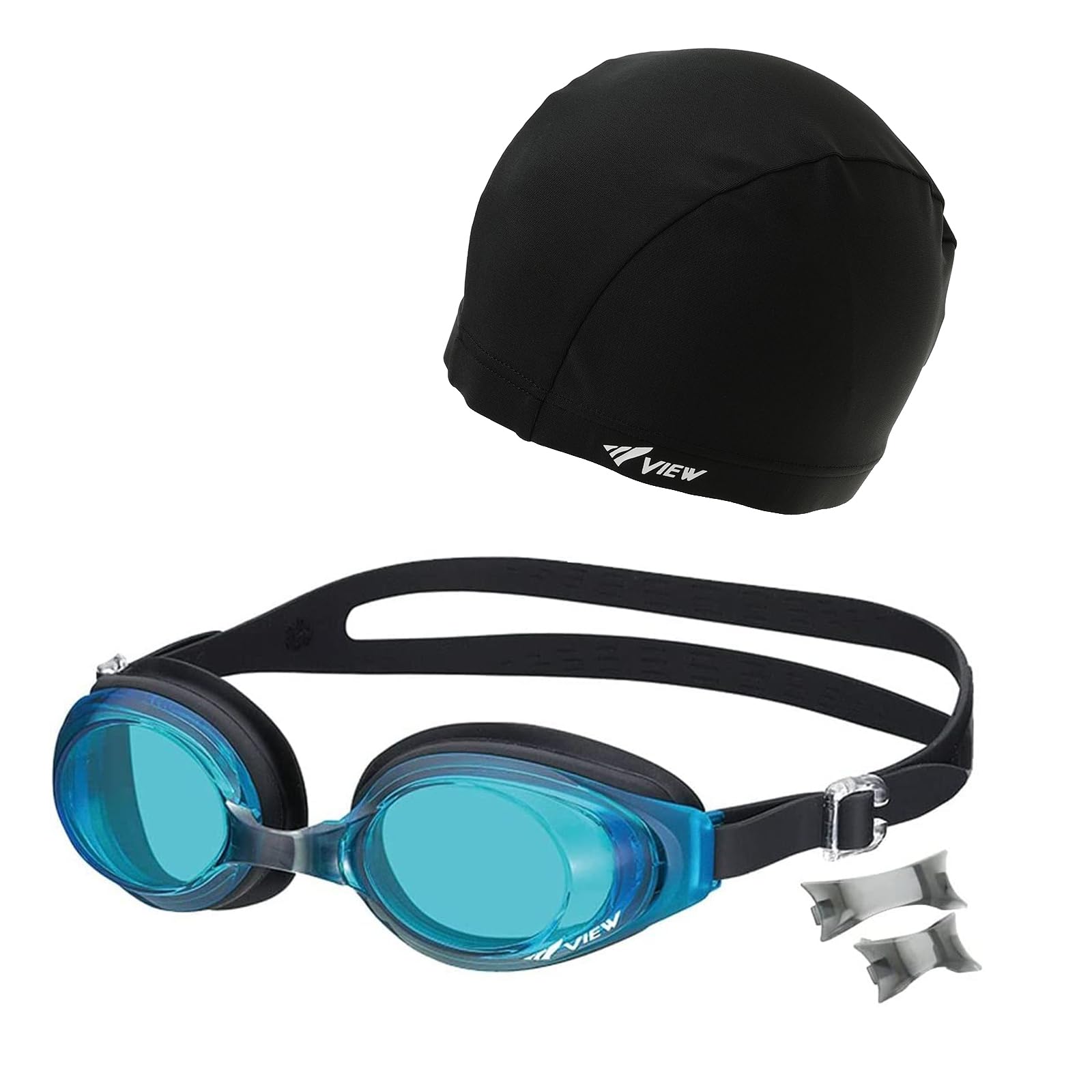 

VIEW Swimming Goggle Set Made in Japan Cap Nose Belt 3 Piece Aquamarine x Black [Goggle Set]