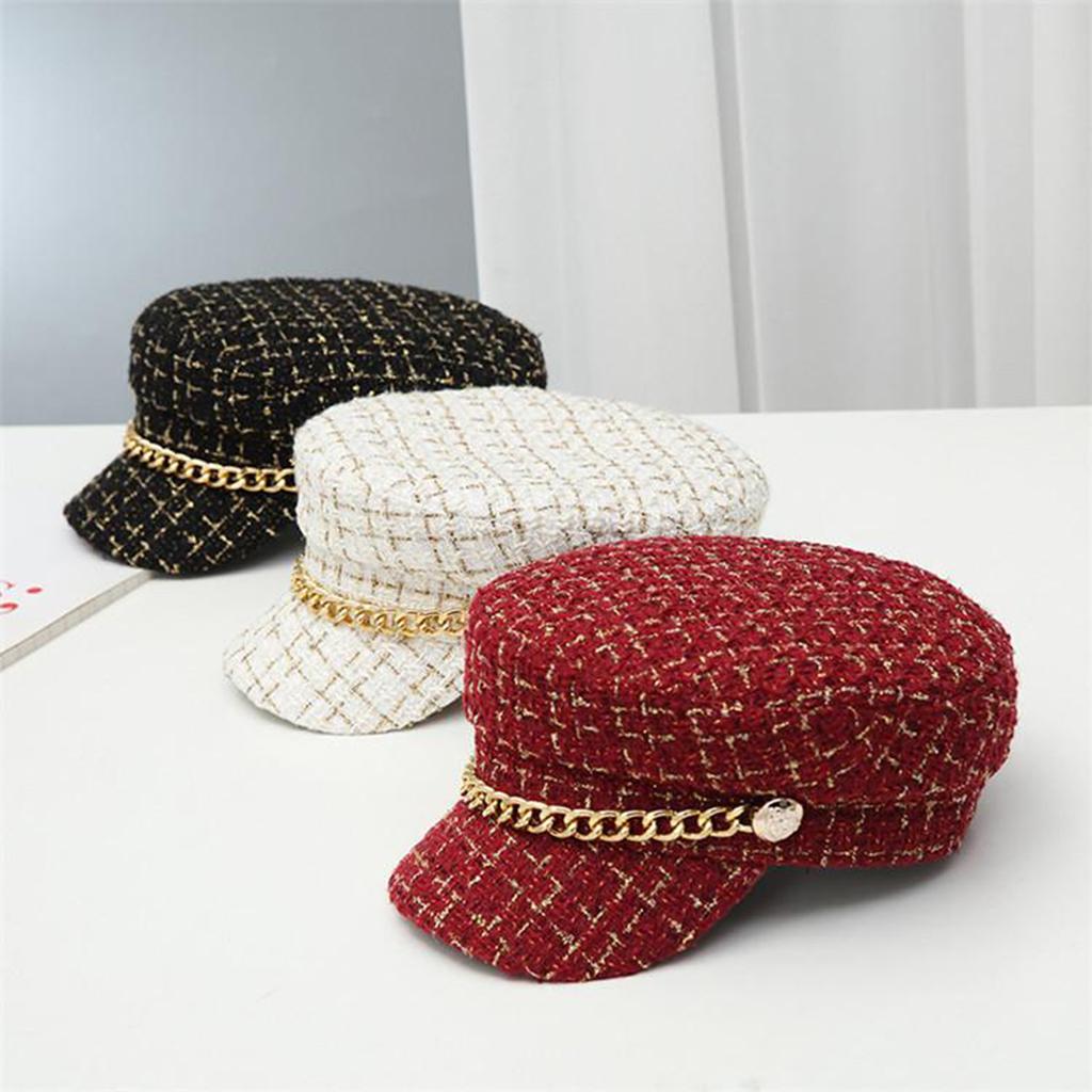 Tweed Plaid Cabbie Hat Chain Flat Cap Beret Hat Visor Peaked Hat