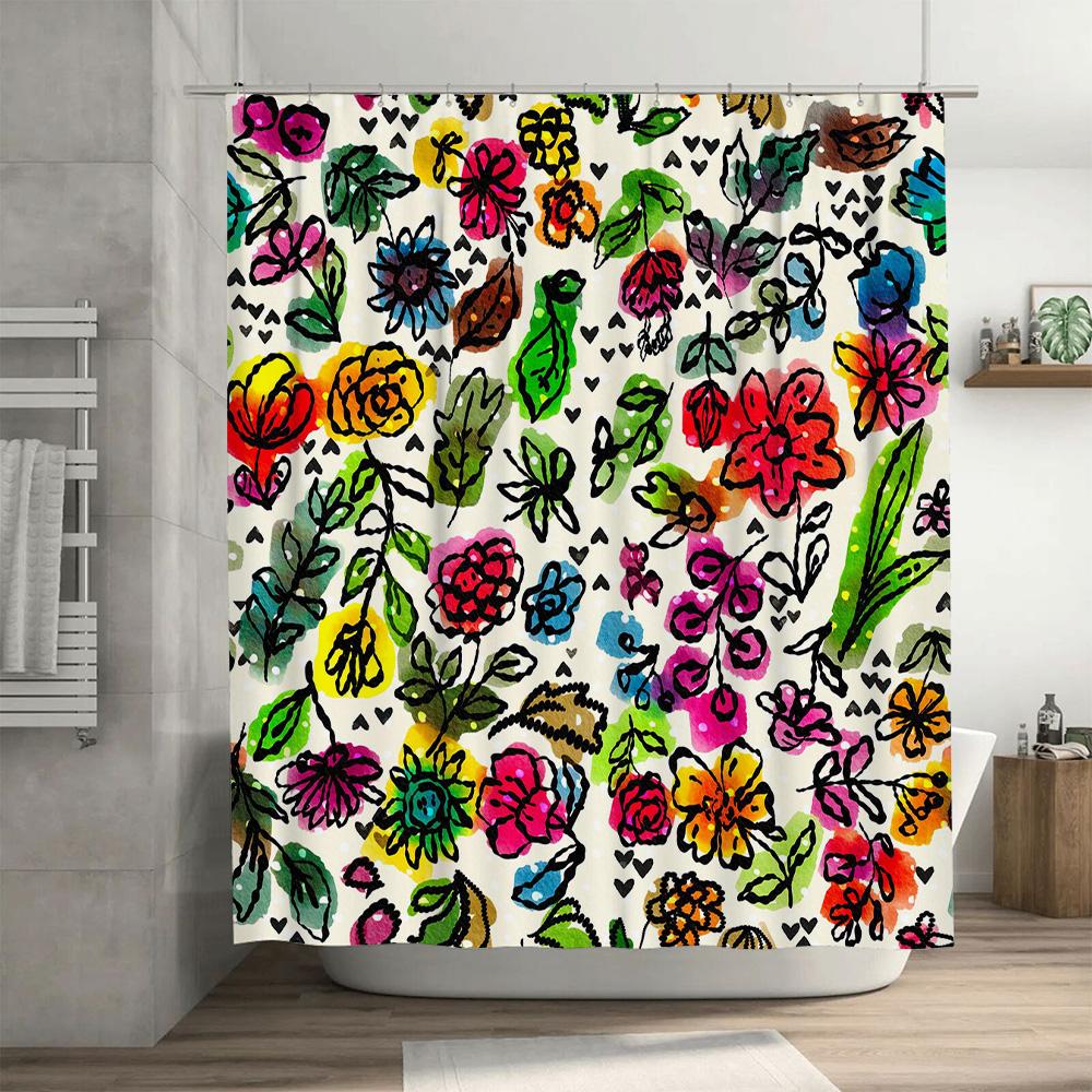 Watercolor Flowers Shower Curtain Multicolor Floral Decorative Bathroom Accessory Modern Waterproof Fabric with Hooks for Bathtu