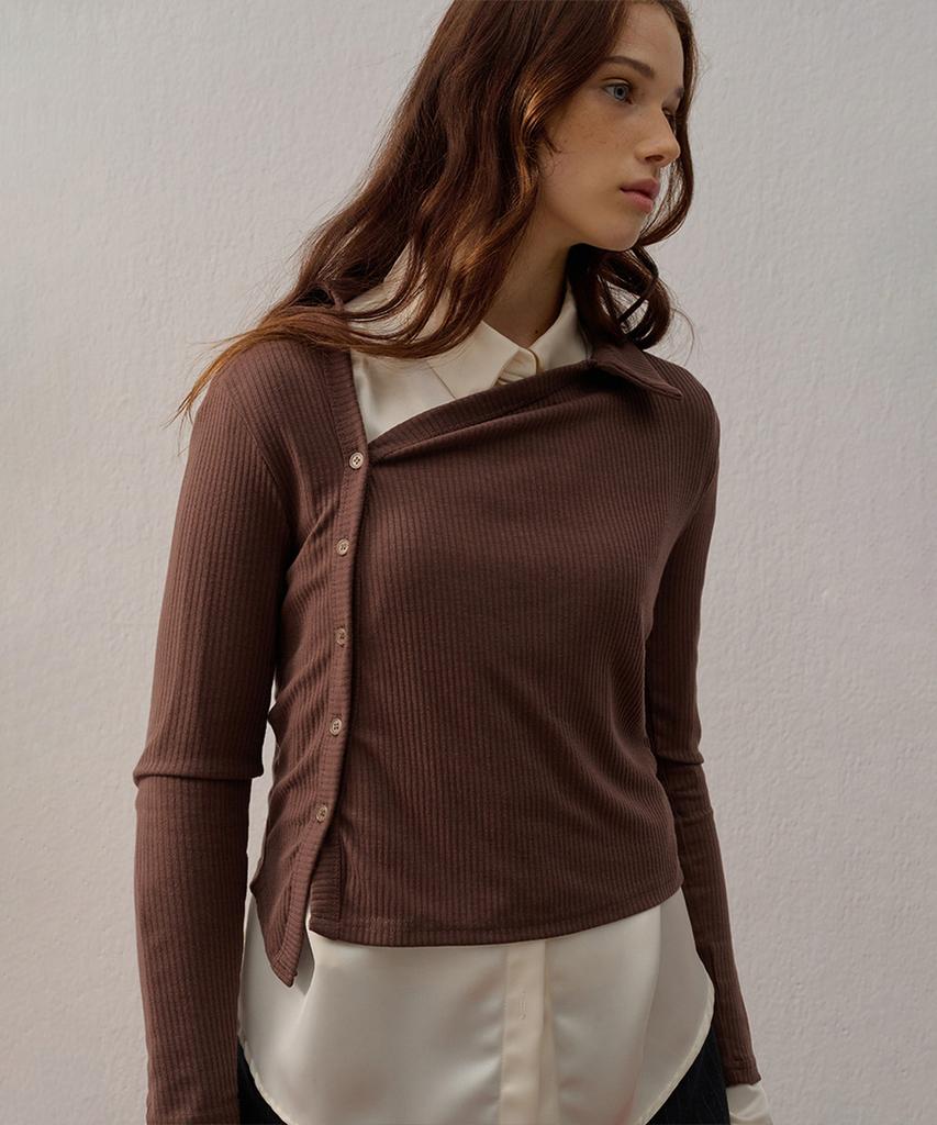 CAMINO Diagonal Collar Blouse Brown