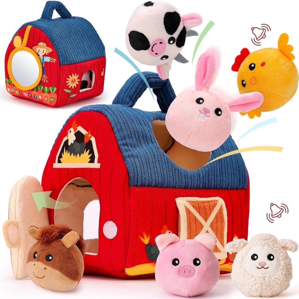 Farm Scene Mini House with 6pcs Animal Plush Toys Soft Stuffed Dolls & Mini Sandbag Plushies Cute Toy Set for Girls