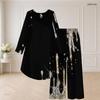 Women Plus Size Round Neck Long Sleeve High Low Top Wide Leg Pants Black Blue Printed Two Piece Set