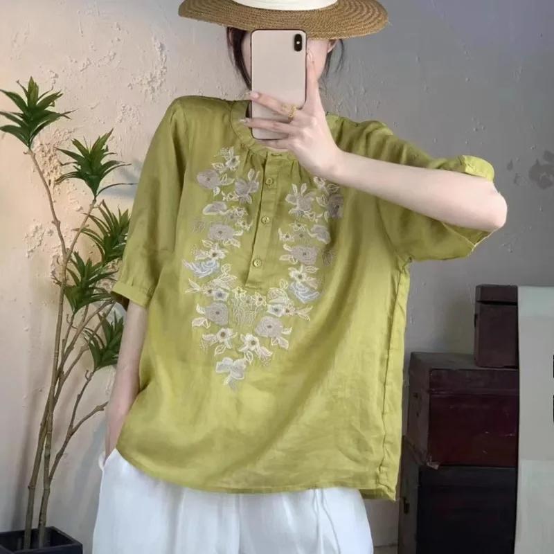 Johnature Women Vintage Embroidery Floral Shirts Half Sleeve O-Neck Tops Button Solid Color Blouses Summer Shirts