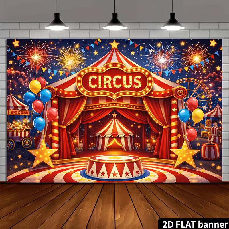 2D Circus Tent Photo Backdrop, Carnival Night Party Banner, Baby Shower & Birthday Decor