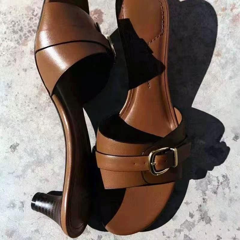 Fashion Coffee Kitten Heel Women Slippers Sexy Open Toe Metal Belt Buckle Design Slide Sandals Comfortable Street Style Mules Slippers