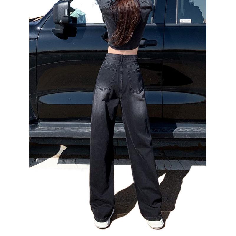 Black-Gray High-Waisted Wide-Leg Jeans for Women - Velvet-Lined, Thick, Loose-Fit, Slimming, Straight-Leg, Floor-Length, Petite, Trendy Pants