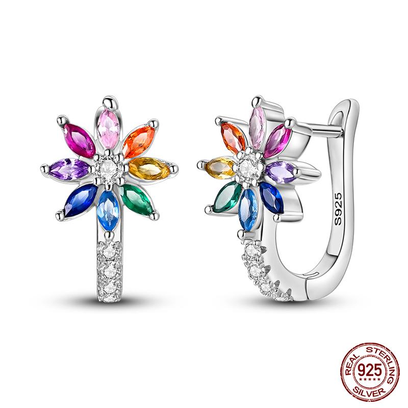 New 925 Sterling Silver Hope Rainbow Flower Earrings For Women Sparkling Colored Zircon Star Koi Earrings Party Jewelry