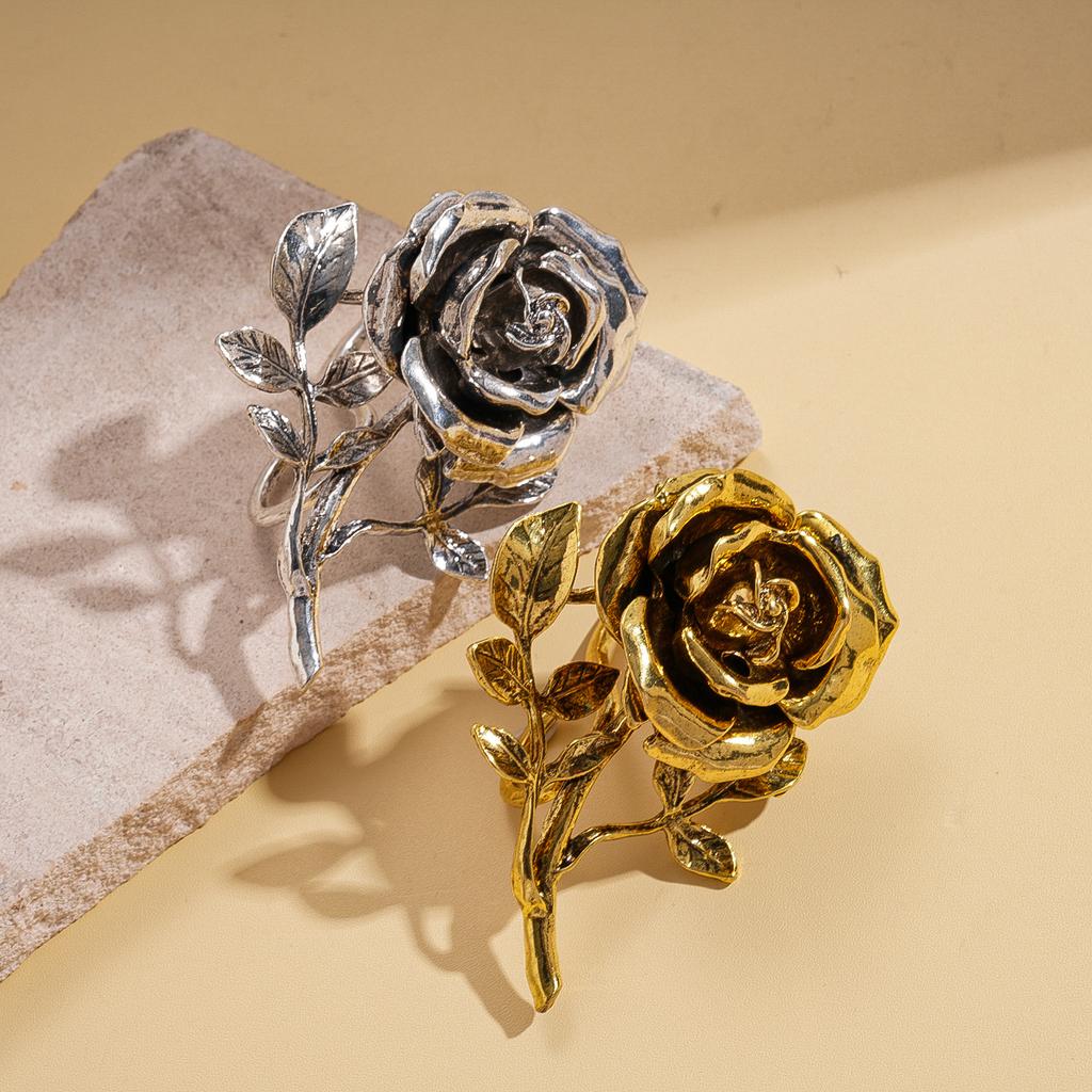 European and American Exaggerated Rose Flower Pleated Double Finger Ring Retro Old Personality Environmental Protection Niche Jewelry 