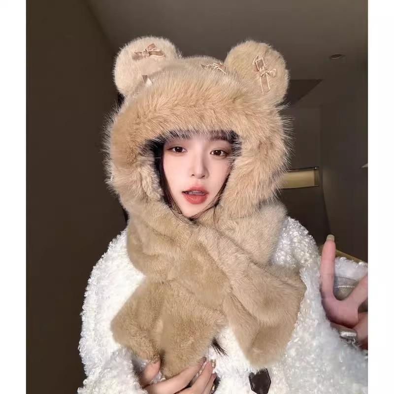 2025 New Winter Scarf Integrated Two-piece Set Cute Bow Plush Bear Ears Hat Women's Versatile
