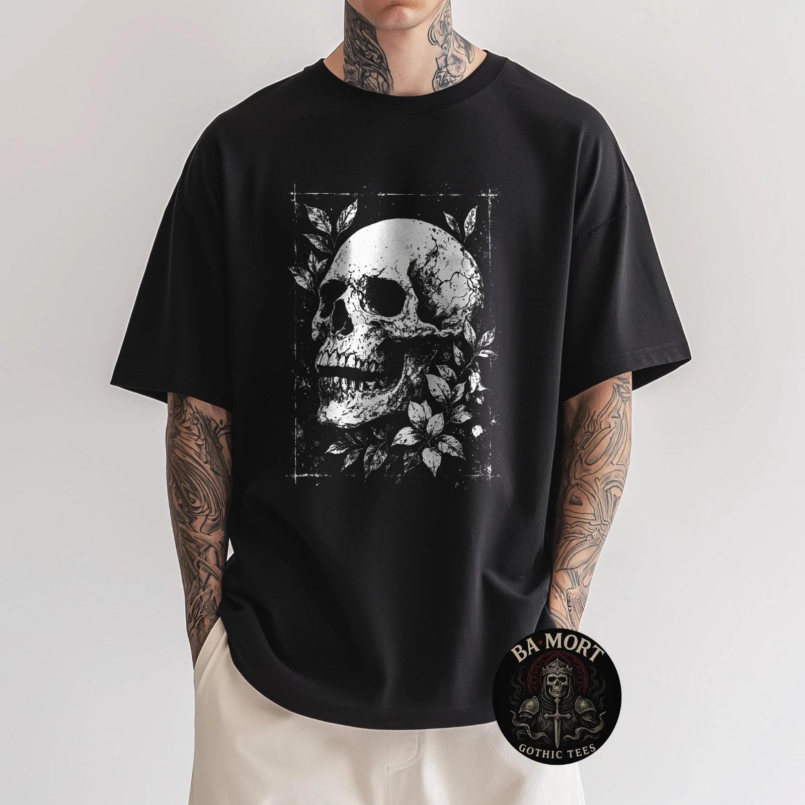 Skull Flowers Goth Floral Occult Death Dark Alt Aesthetic 100% Cotton T-shirt Mens Tees Top S