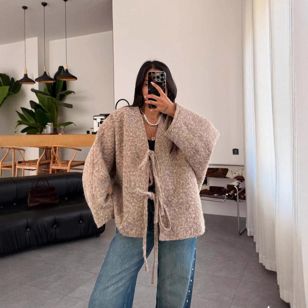 2025 cross-border European and American women's clothing Amazon cardigan long-sleeved lace-up woolen jacket casual pants fashion suit