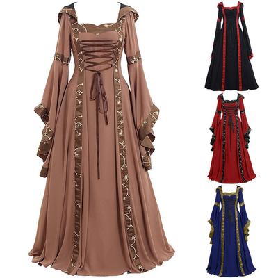 Avrupa ve Amerikan Ortaçağ Retro Kapşonlu Elbise Kare Yaka Bağcıklı Boynuzlu Kol Büyük Salıncak Elbise Cadılar Bayramı Elbisesi Cosplay Kostümü