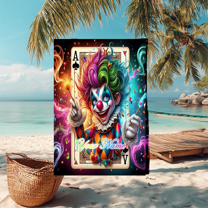 1PC Custom Name Clown Ace Spades Art Beach Towel Highly Absorbent And Sand-Resistant Towel for Swimming, Pool, Yoga, And Travel Lightweight