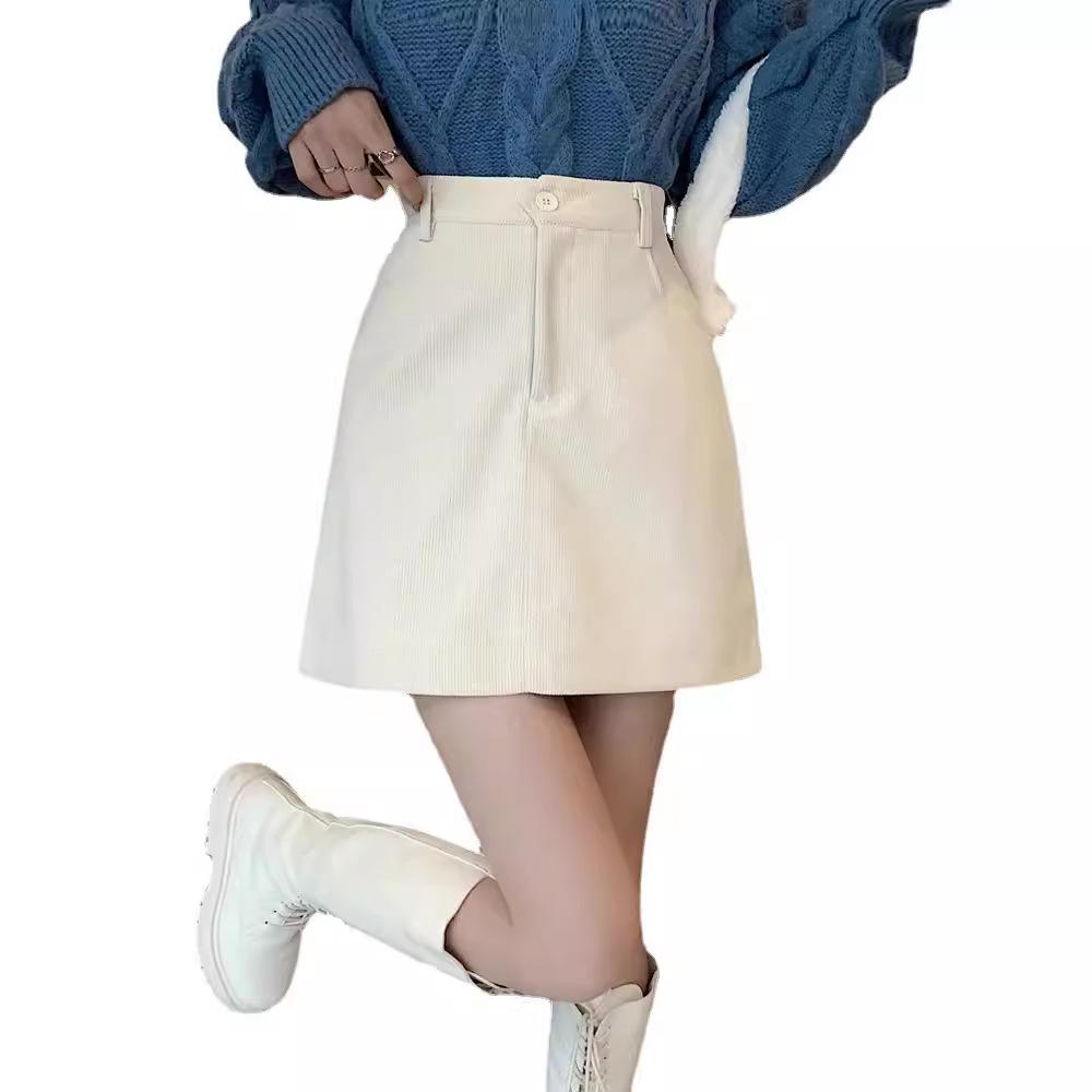 2023 Women's High Waist Brown Corduroy A-Line Skirt - Autumn/Winter Slim Fit for Petite Figures