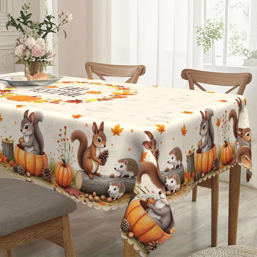 Cute Little Squirrel With Golden Pumpkin, Pastoral Waterproof Tablecloth Between Maple Leaves And Acorns Thanksgiving Decoration