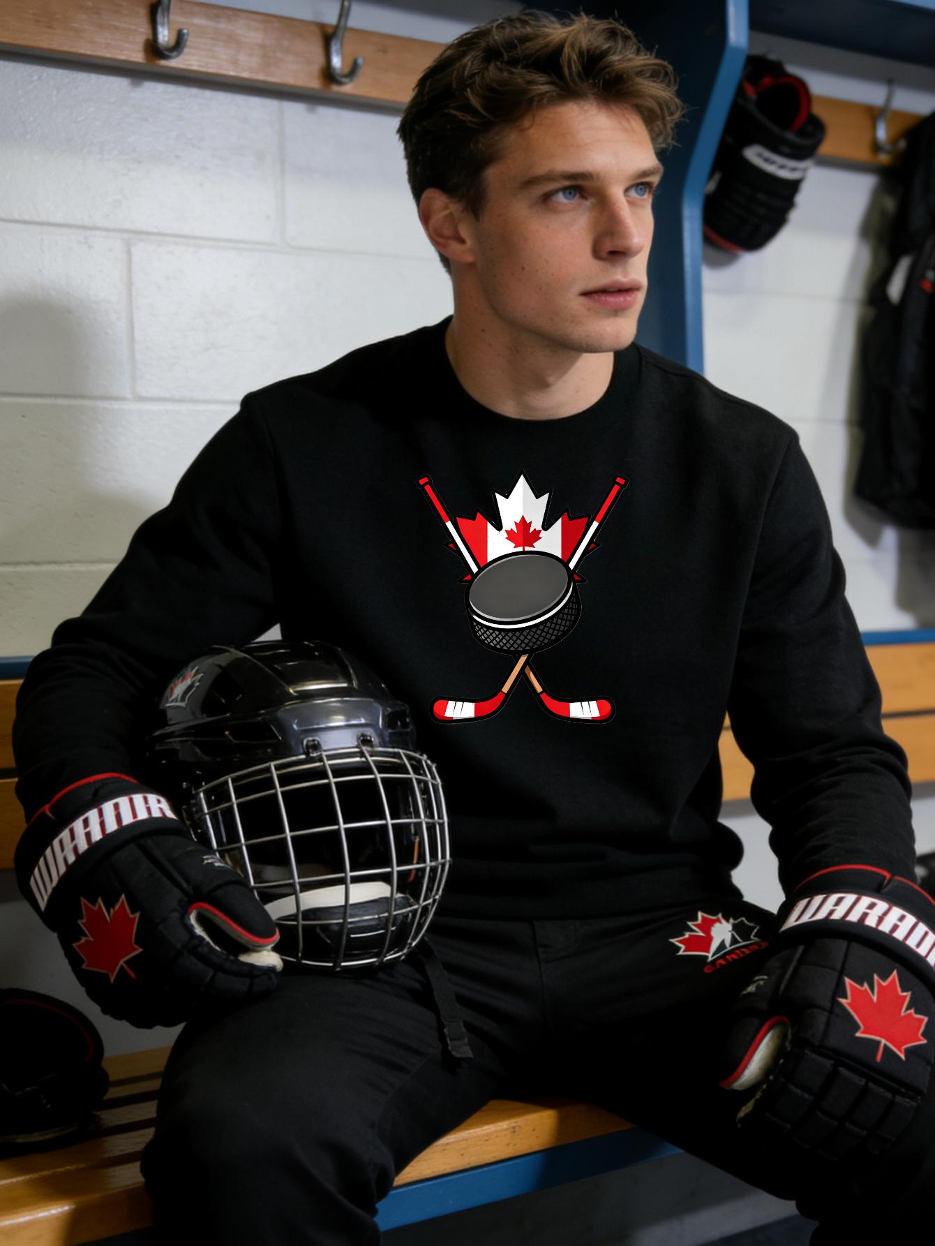 Hockey Print Men s Relaxed Fit Polyester Crew Neck Sweatshirt Warm Lounge XXL чёрный