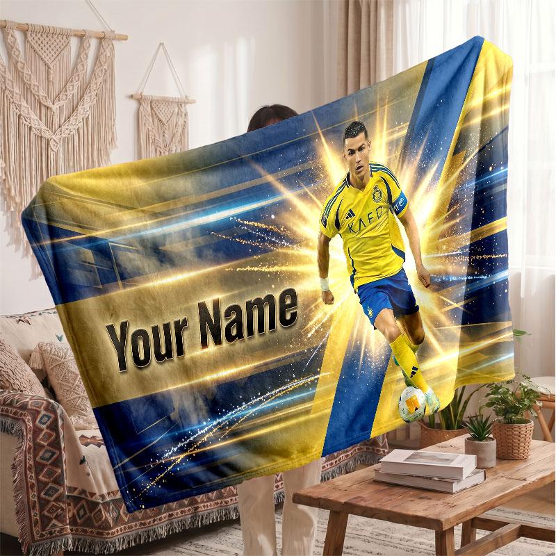 Coperta Personalizzata in Pile Cristiano Ronaldo con Logo Calcio, Testo Nome Personalizzato Morbida Calda Coperta da Divano per la Casa