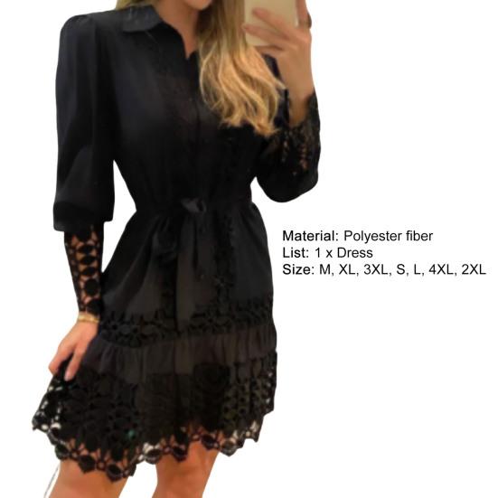 Turn-down Collar Long Sleeve Single-breasted Pullover Women Dress Hollow Out Floral Shape Shirt