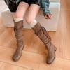 2025 Western Coarse Heel Edition Retro Wasteland Fringed Knight Boots Cowhide Long Boots Skinny High Boots Women