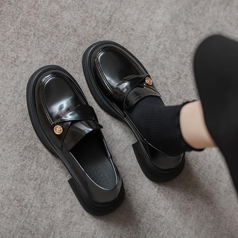 Small Gold Coins Thick-Soled Lazy Thick-Heeled Loafers Women'S Retro British Style One-Pedal Small Leather Shoes Single Shoes Women'S New
