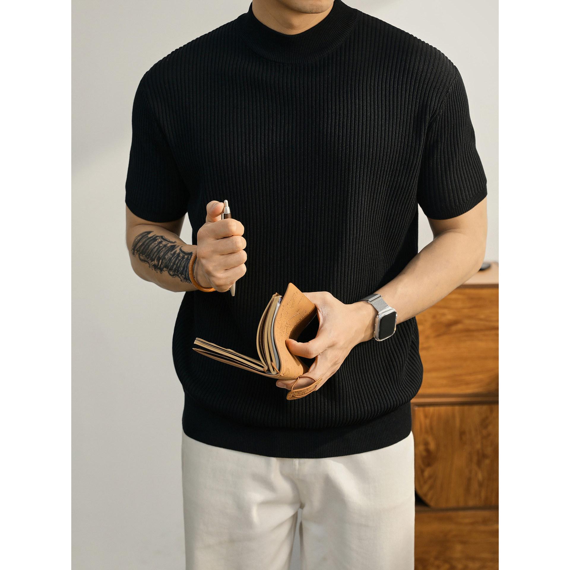 Men Ribbed Texture Mock Neck Ice Silk Knit Short Sleeve T Shirt M