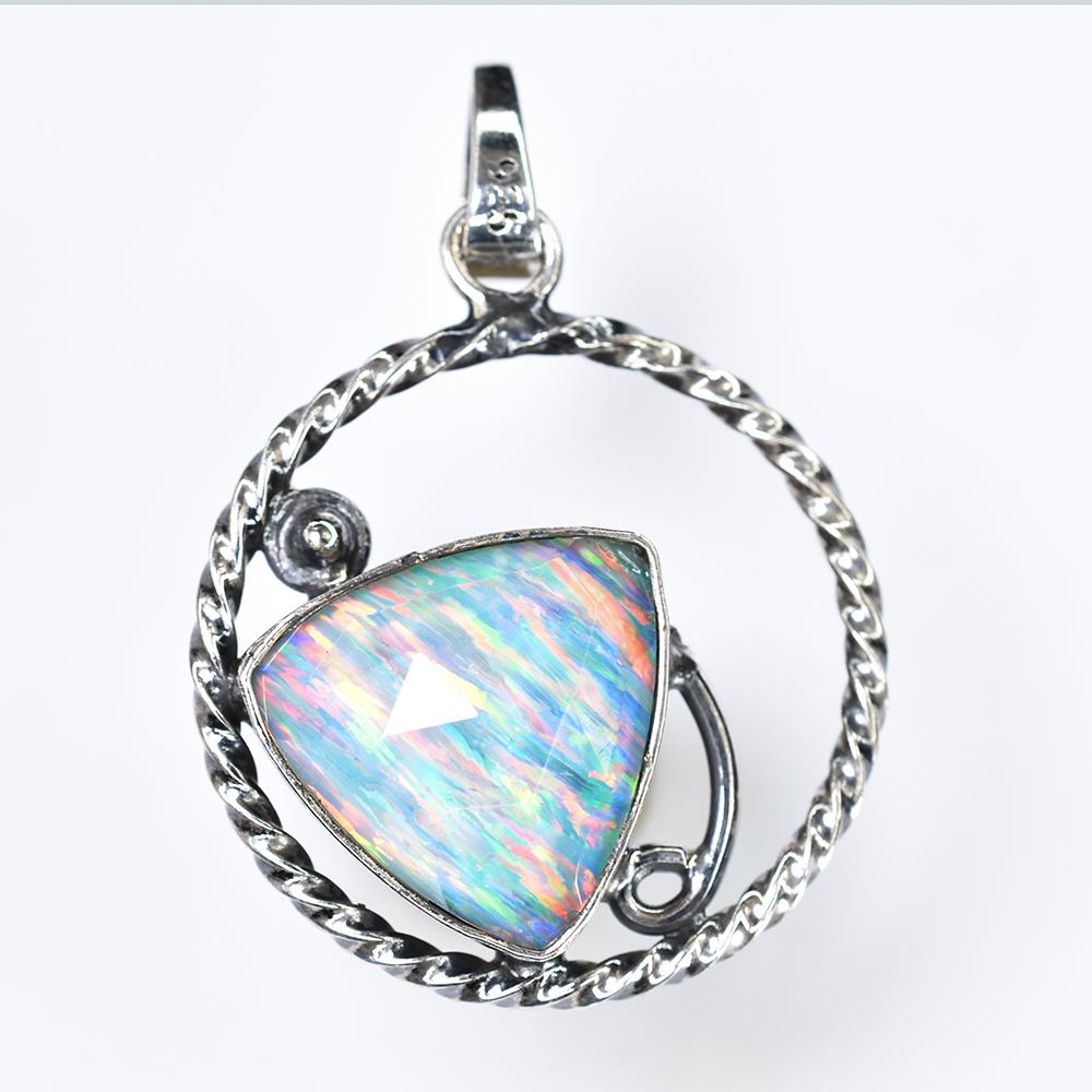 925 Sterling Silver CERTIFIED Natural Opal Trillion 30 Ct Gemstone Pendant