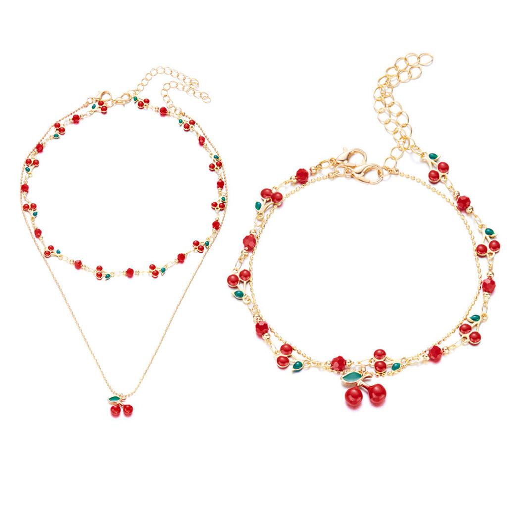 Vintage Inspired Cherry Charm Bracelet Adjustable Bohemian Style Cubic Zirconia Clavicle Chain For Casual Or Party Wear