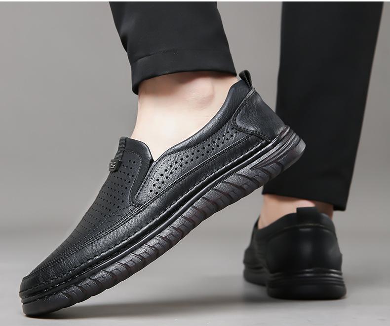 New Shoes for Men Genuine Leather Casual Shoes Summer Fashion Hollow Out Flat Shoes Street Cool Microporous Slip-on Loafers