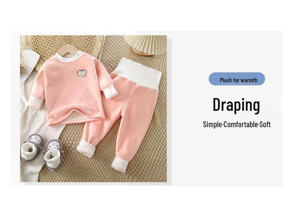 Dětská teplá spodní prádla sada s fleecovou podšívkou a kalhotami s vysokým pasem na ochranu bříška pro kojence, batolata, chlapce a dívky - Útulné podzimní/zimní domácí oblečení