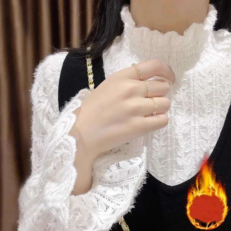 Women's Fall/Winter Mid-Neck Lace Top, Layering Top, Elegant Fleece-Lined Sweater