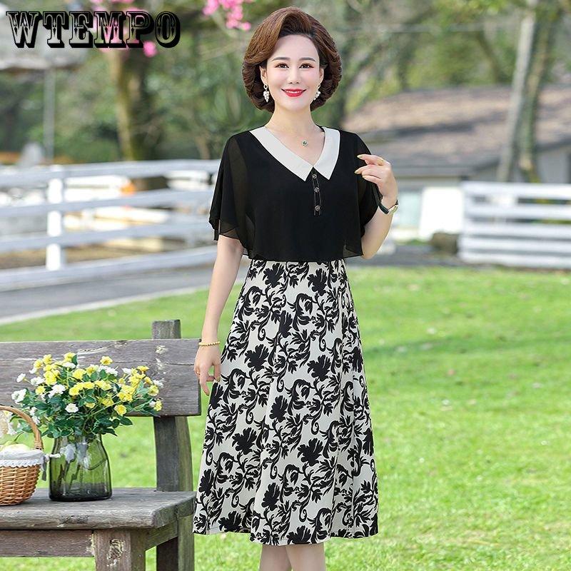Women Splicing Fake Two Pieces Chiffon A-line Dress Printed Waist Large Hem Dresses