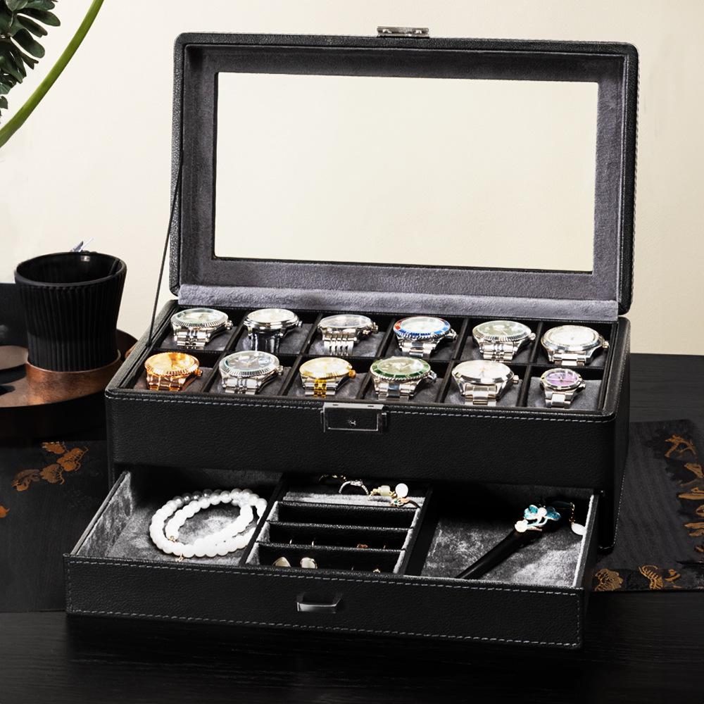 Lychee Grain PU Leather Watch & Eyeglass Storage Box with Multiple Slots