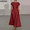 Summer Women Scoop Neck Short Sleeve Solid Casual Long Swing Dress