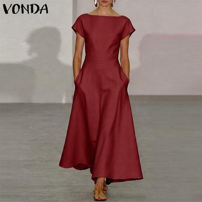 Summer Women Scoop Neck Short Sleeve Solid Casual Long Swing Dress
