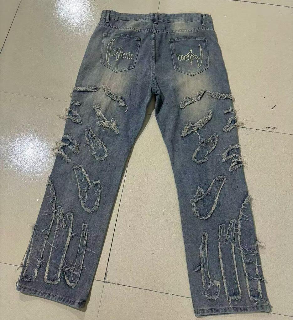 Amerikanische Retro Jeans mit Stickerei-Patchwork, gerade geschnitten