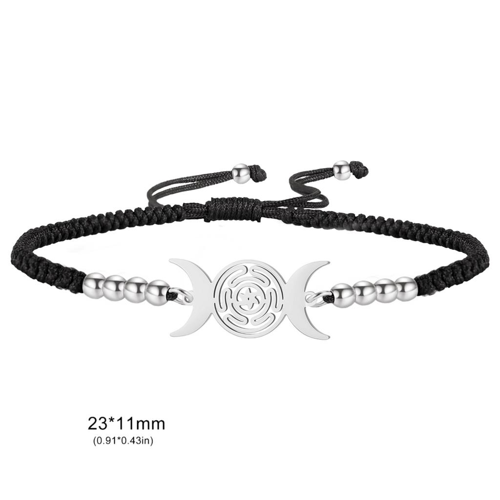 Triple Moon Goddess Bracelet Adjustable Black Rope Wiccan Pagan Jewelry Gift for Women Hecate Wheel
