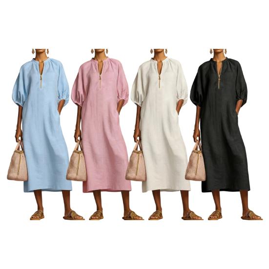 Robe d'été en coton et lin pour femme Robe tunique longue décontractée à manches courtes bouffantes Fermeture éclair Col rond Coupe ample Robe de vacances avec poches