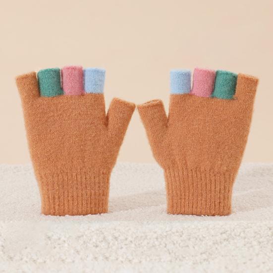 Kids Knitted Gloves Winter Half Finger Gloves Soft Color Block Warm Wrist Gloves for Boys Girls Indoor Outdoor Use