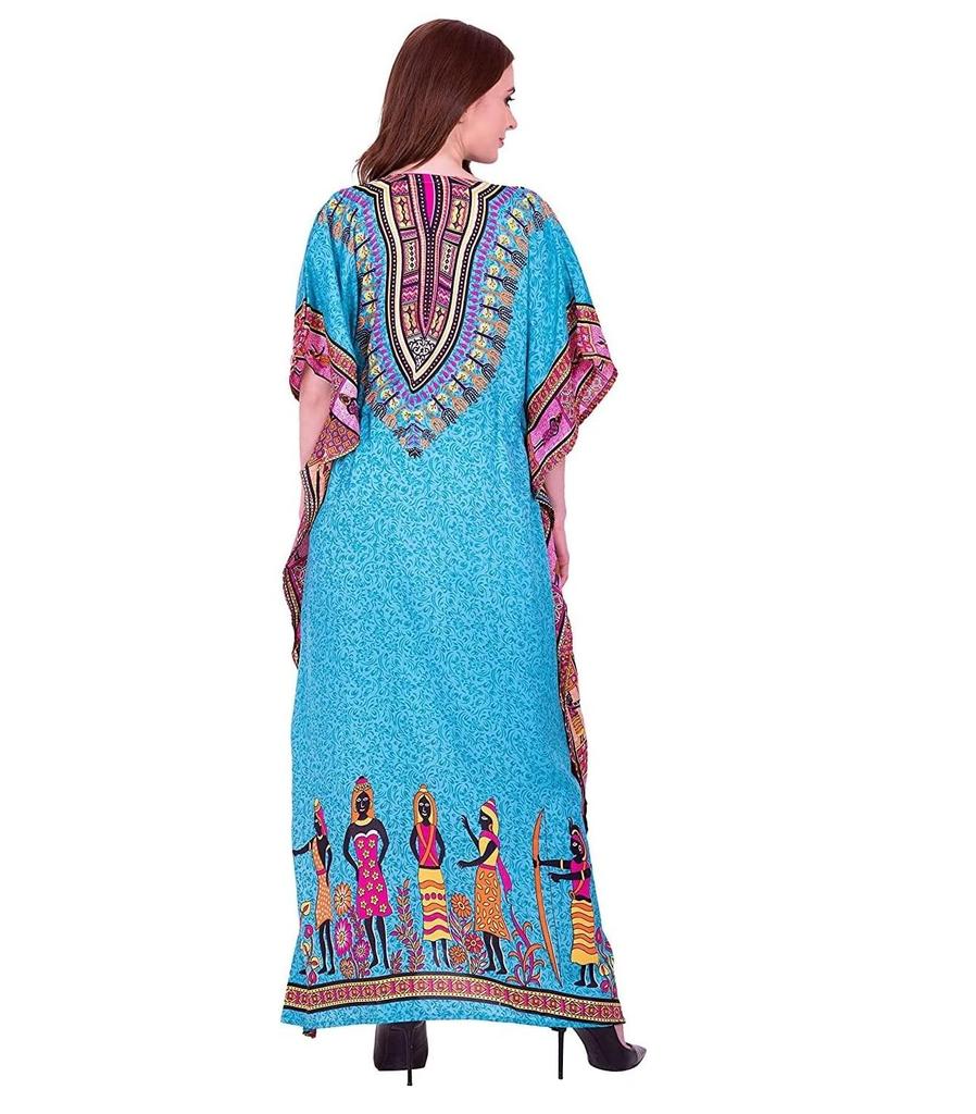 TreegoArt Fashion Women's Polyester Long African Kaftan Caftan Printed Adjustable Boho Dress Nightwear Maxi Gown