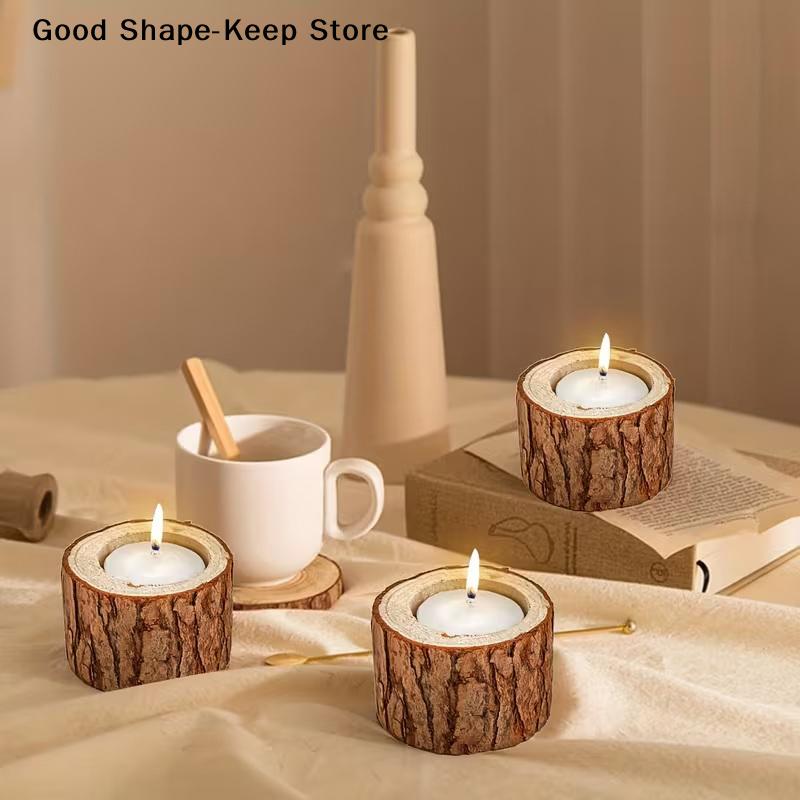 3pcs Nordic Style Wooden Candlestick Base For Bedroom Room Candle Tree bark wooden candle holder Tree Stump Candlestick Ornament