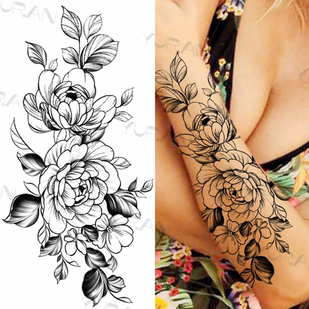 Zwarte Grote Slang Bloem Fake Tattoo Sticker Voor Vrouwen Dot Rose Pioen Tijdelijke Tattoos DIY Water Transfer Tatoos Meisjes