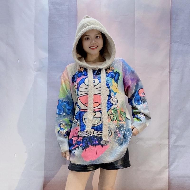 Korean Oversized Rhinestone Hooded Sweater Trendy Women's Autumn Print Knitted Top