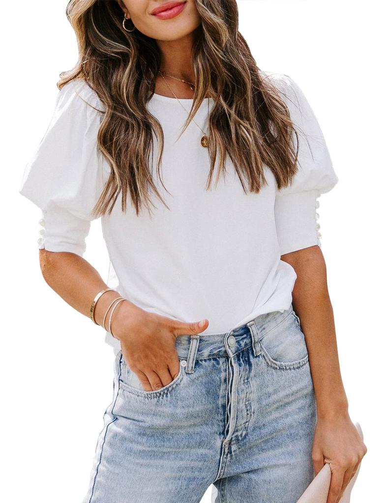 Women's Short Sleeve T-Shirt Round Neck Solid Colour Button Pullover Blouse Top Casual Undershirt